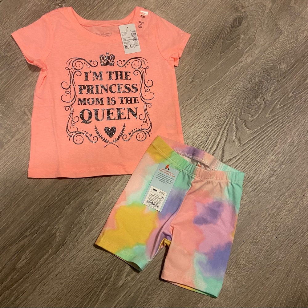 NWT children’s place t-shirt 18-24M & cat & jack tie dye bike shorts 18M